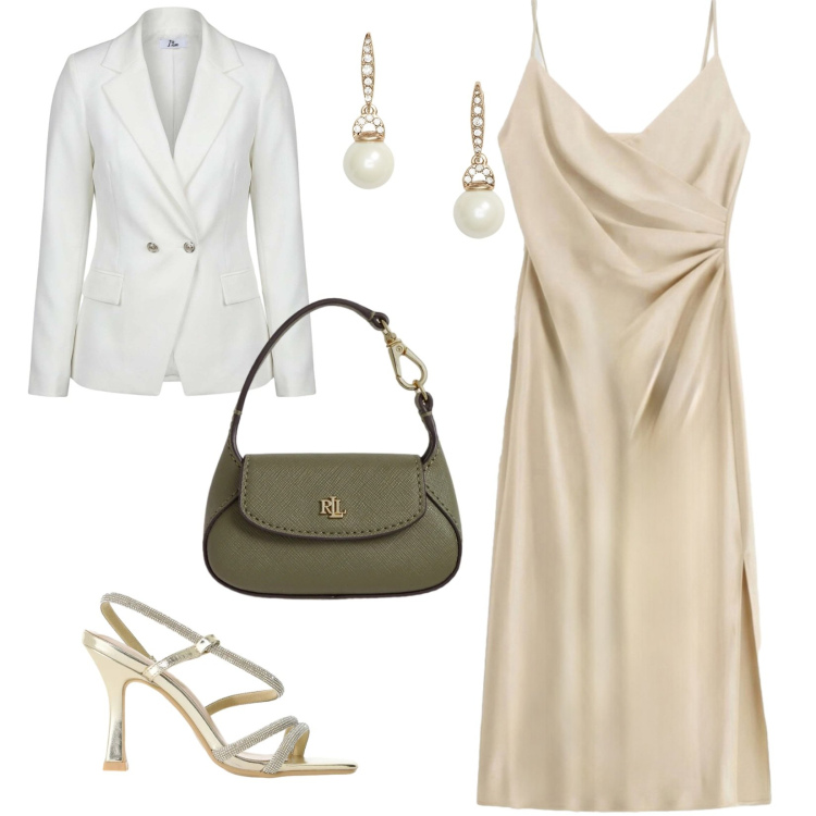 Outfit donna - Eleganza estiva. per Serata fuori. Abbinamento con blazer, orecchini, borse a mano, vestiti midi/longuette, sandali col tacco.