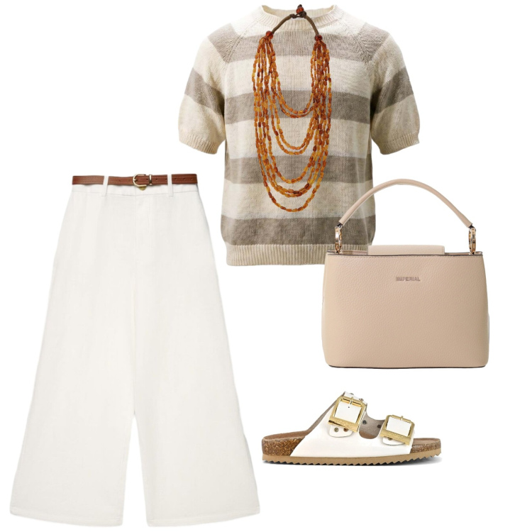 Outfit donna - Estate in bianco. per Tutti i giorni. Abbinamento con maglieria, pantaloni a palazzo, collane, borse a secchiello, sandali.