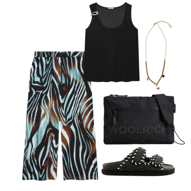 Outfit donna - Luglio. Stile Casual chic per Tutti i giorni. Abbinamento con pantaloni a palazzo, canottiere, ciondoli, borse a tracolla, sandali.