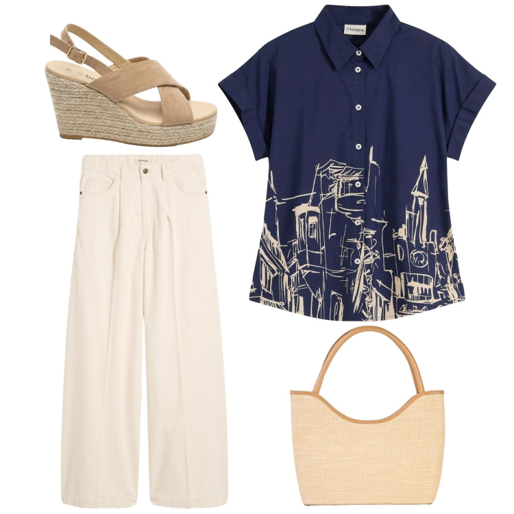 Outfit donna - Fantasía grafica sulla camicia. Stile Basic per Tutti i giorni. Abbinamento con camicie a manica corta, jeans, shopping bag, sandali col tacco.