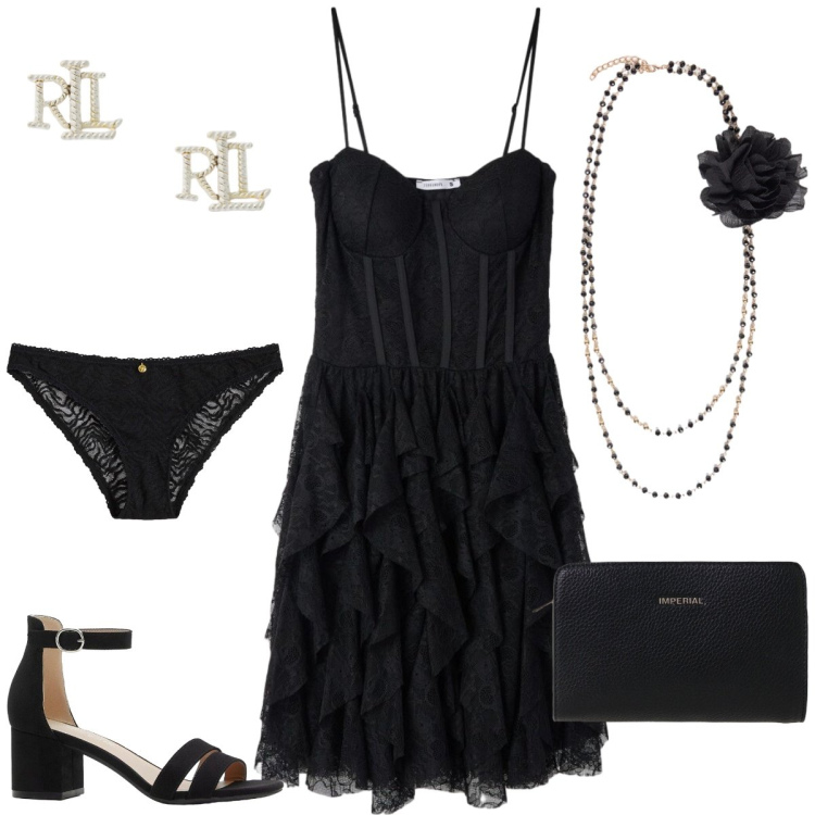 Outfit donna - Total look #2435506. Stile Sexy per Serata fuori. Abbinamento con sandali col tacco, culotte, vestiti corti, collane, orecchini, borse a tracolla.