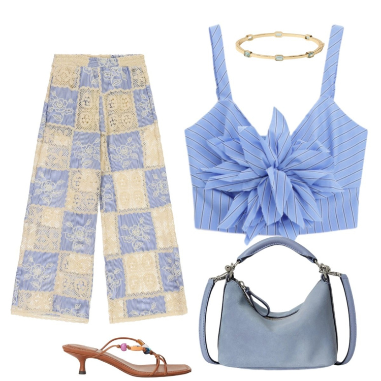 Outfit donna - Total look #2435509. Stile Boho per Tutti i giorni. Abbinamento con pantaloni a palazzo, top, sandali gioiello, borse a spalla, braccialetti.