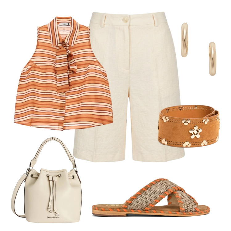 Outfit donna - Tendenza righe. Stile Minimal per Tutti i giorni. Abbinamento con camicie, borse a secchiello, bermuda, cinture, orecchini, ciabatte.