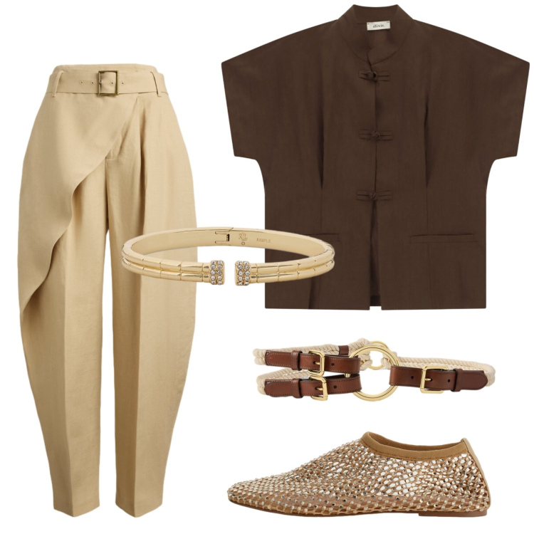 Outfit donna - Summer Sale. Stile Casual chic per Tutti i giorni. Abbinamento con ballerine, camicie a manica corta, braccialetti, pantaloni, cinture.