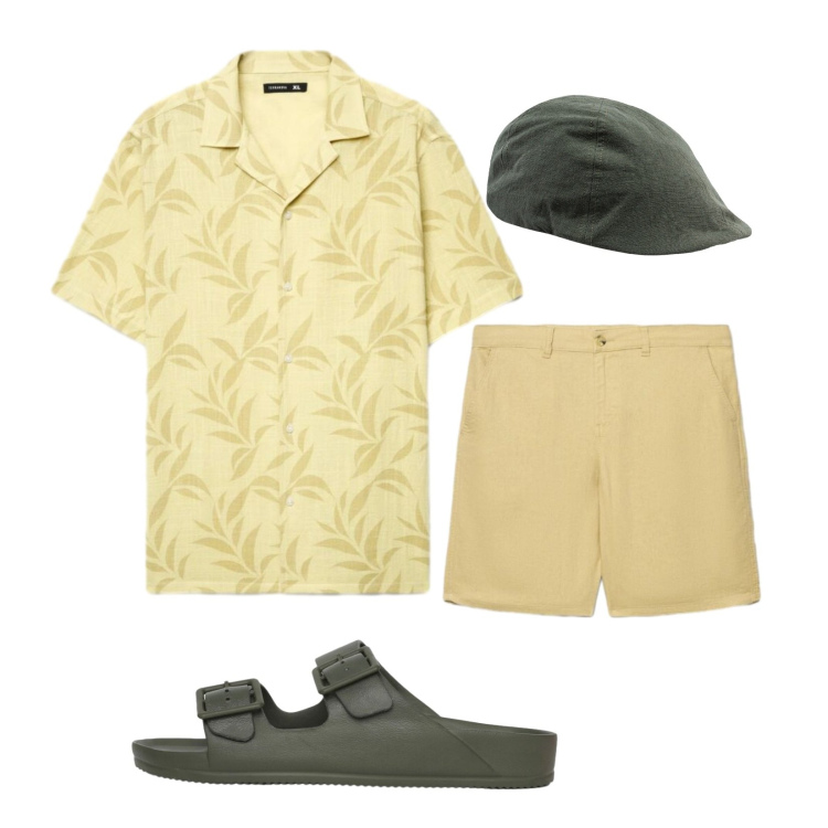 Outfit uomo - Foliage ton sur ton. Stile Casual per Mare. Abbinamento con sandali, camicie a manica corta, shorts, cappelli con visiera.