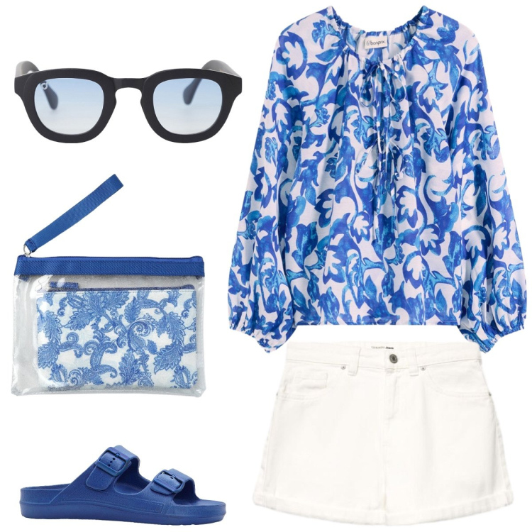 Outfit donna - Total look #2435521. Stile Casual per Tutti i giorni. Abbinamento con tuniche, ciabatte, pochette, shorts, occhiali da sole.