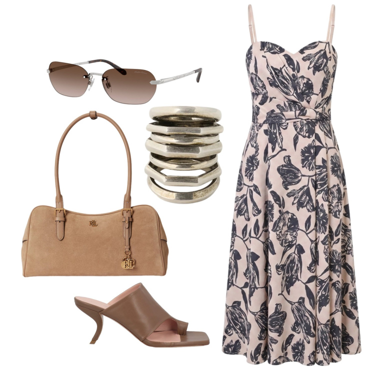 Outfit donna - Luglio. Stile Chic per Tutti i giorni. Abbinamento con ciabatte, borse a mano, anelli, occhiali da sole, vestiti midi/longuette.