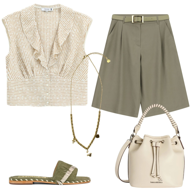 Outfit donna - Ruches. Stile Casual per Tutti i giorni. Abbinamento con borse a secchiello, ciondoli, camicie, bermuda, ciabatte.
