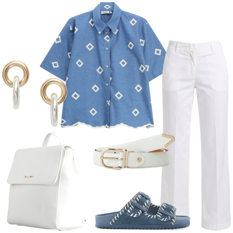 Outfit donna - Total look #2435524. Stile Casual per Tutti i giorni. Abbinamento con zaini, pantaloni, orecchini, camicie a manica corta, cinture, ciabatte.