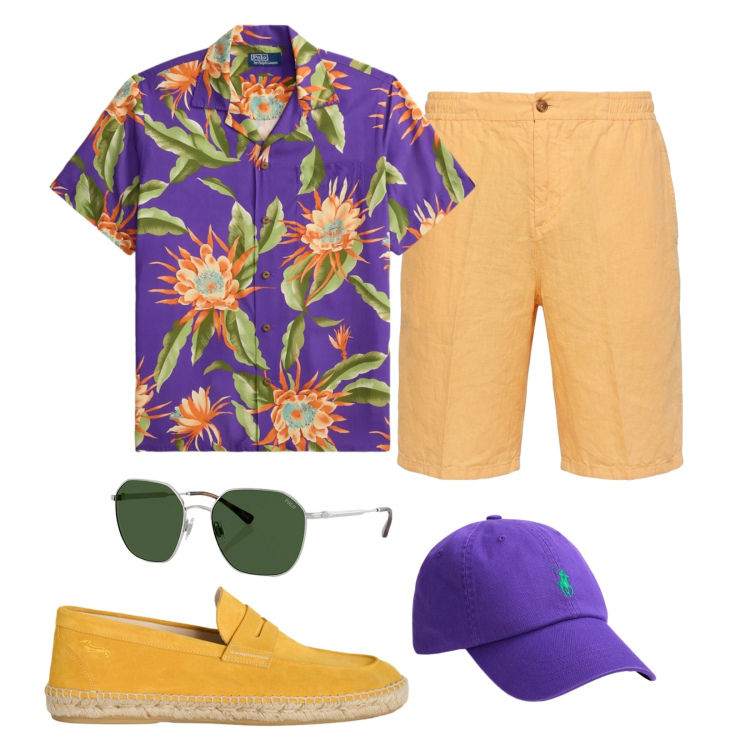 Outfit uomo - Pattern tropicale. Stile Urban per Mare. Abbinamento con bermuda, espadrillas, occhiali da sole, camicie, cappelli con visiera.