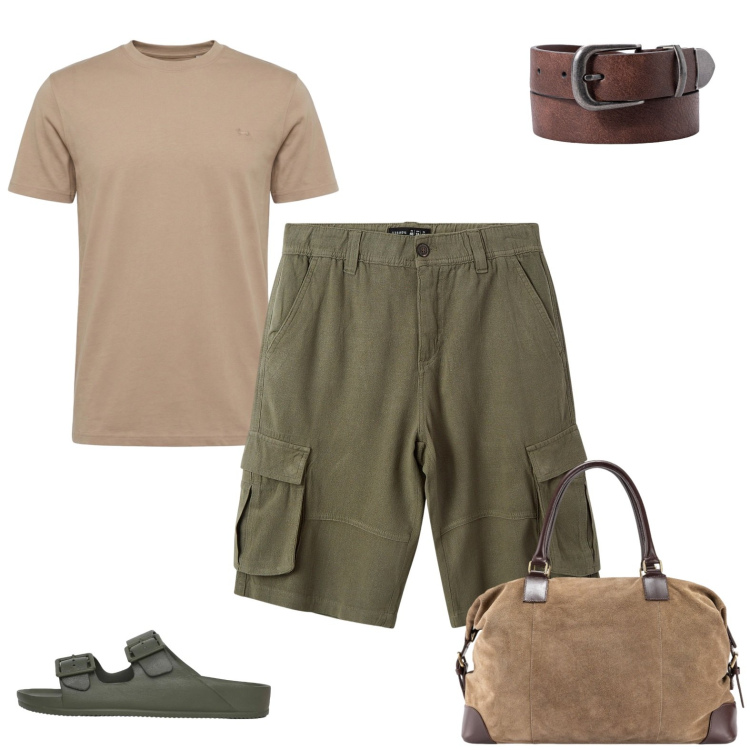 Outfit uomo - Utban safari. Stile Urban per Tutti i giorni. Abbinamento con t-shirt, bermuda, sandali, borse sportive, cinture.