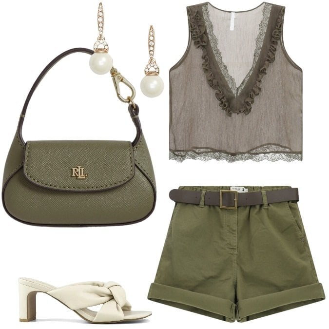 Outfit donna - Total look #2435528 Verde Militare. Stile Sporty chic per Tutti i giorni. Abbinamento con borse a mano, orecchini, shorts, top, sandali col tacco.