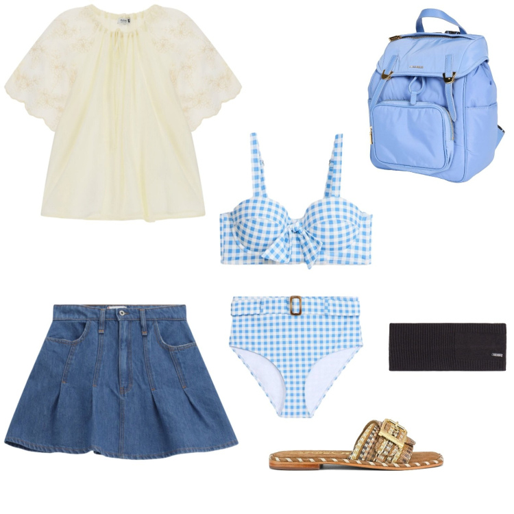 Outfit donna - Vita da spiaggia. Stile Minimal per Mare. Abbinamento con accessori per capelli, minigonne, bluse, zaini, ciabatte, bikini.