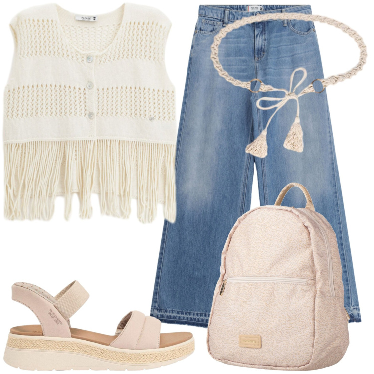 Outfit donna - Grintosa e vivace in città. Stile Trendy per Tutti i giorni. Abbinamento con zaini, sandali, jeans, top, cinture.