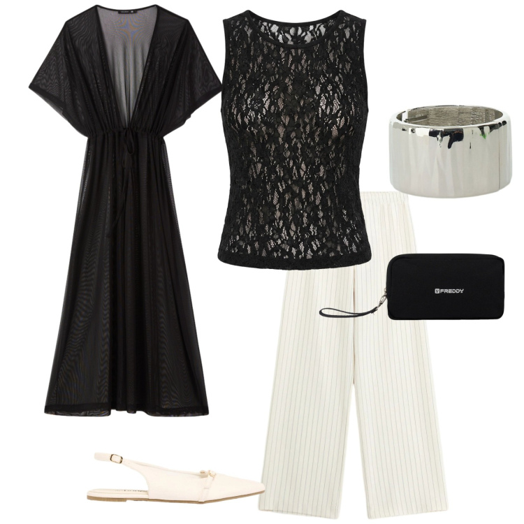 Outfit donna - Serate estive. per Serata fuori. Abbinamento con ballerine, top, caftani, valigie, pantaloni a palazzo, braccialetti.