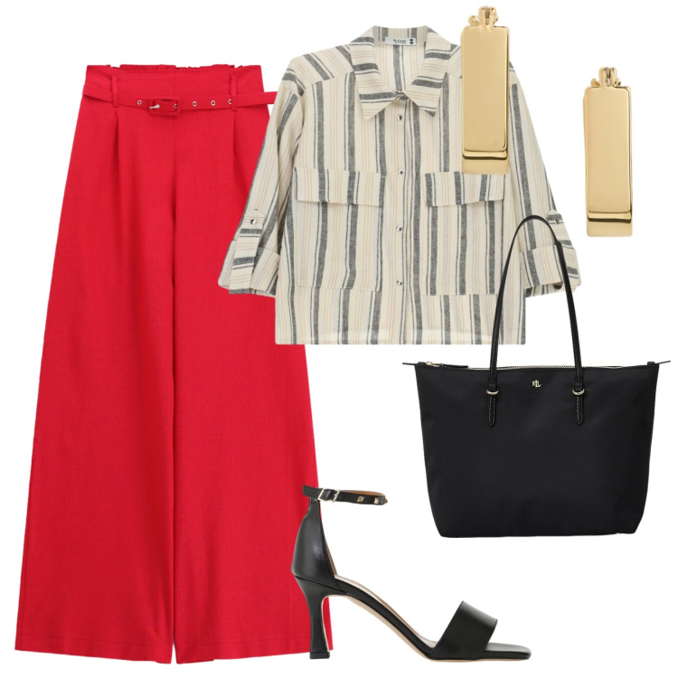 Outfit donna - Luglio a lavoro. per Ufficio. Abbinamento con camicie a manica corta, pantaloni a palazzo, sandali col tacco, borse tote, orecchini.