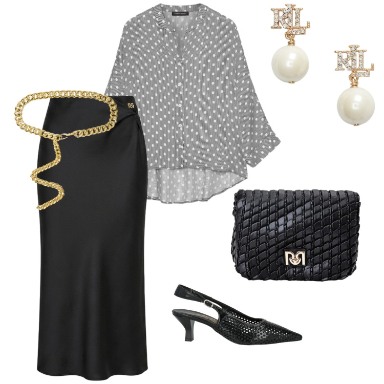 Outfit donna - Cena con amici. per Serata fuori. Abbinamento con décolleté, camicie, cinture, orecchini, gonne longuette, borse a tracolla.