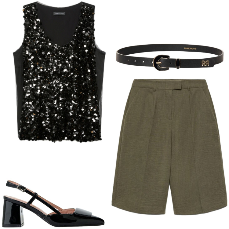 Outfit donna - Giorno o sera sempre al top. Stile Chic per Serata fuori. Abbinamento con bermuda, top, cinture, décolleté.