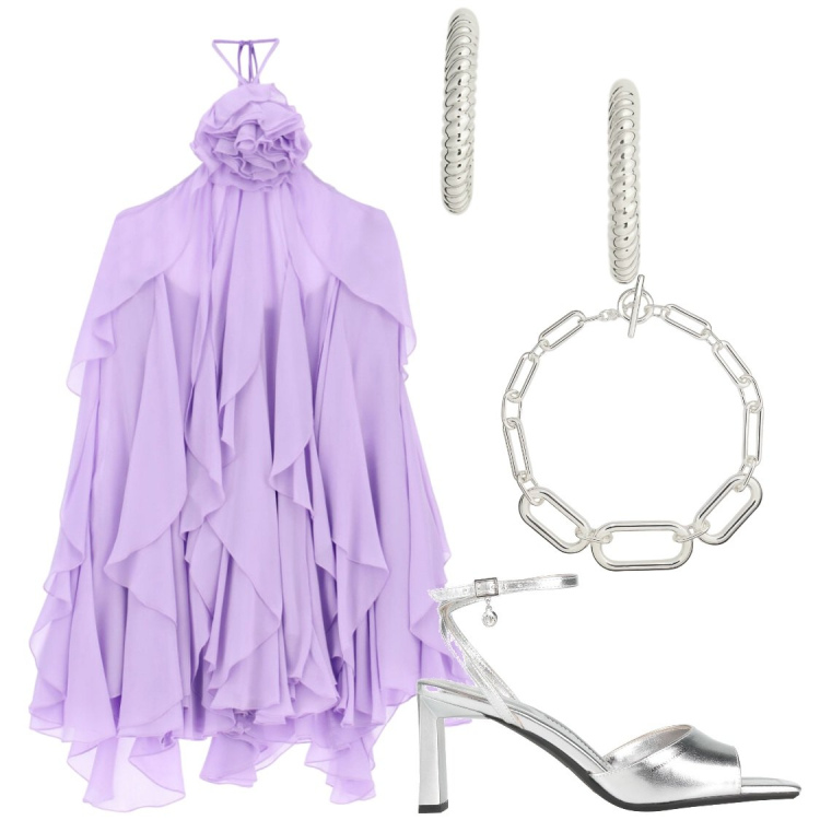 Outfit donna - Fiori di lilla\'. Stile Glamour per Serata fuori. Abbinamento con sandali col tacco, vestiti corti, orecchini, collane.
