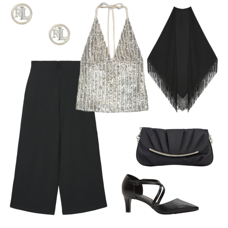 Outfit donna - Stasera si balla. per Serata fuori. Abbinamento con décolleté, clutch, top, pantaloni a palazzo, foulard, orecchini.