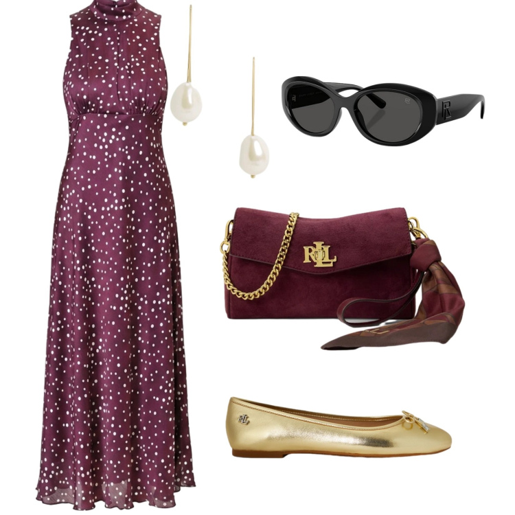 Outfit donna - Stampe eleganti. per Serata fuori. Abbinamento con vestiti lunghi, occhiali da sole, orecchini, ballerine, borse a tracolla.