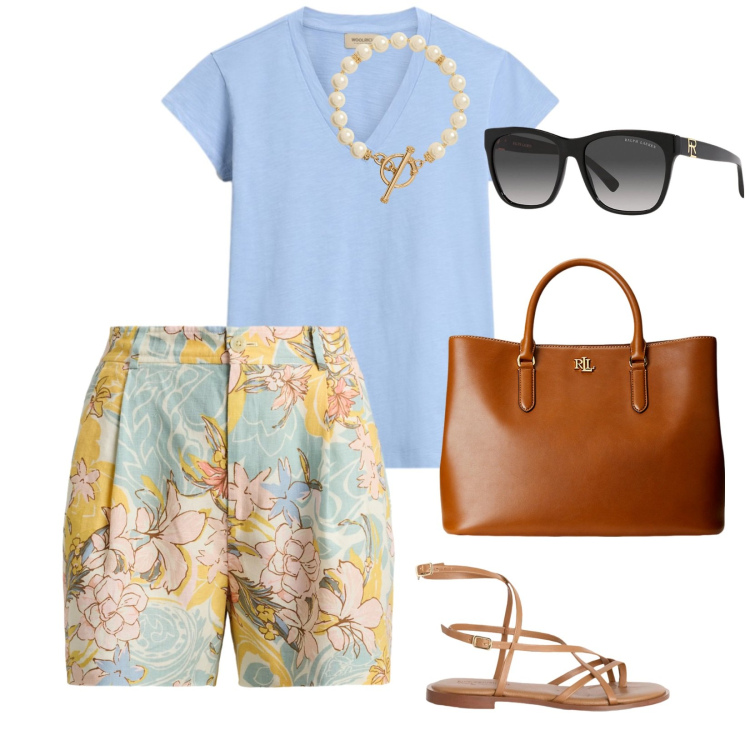 Outfit donna - Estate. per Mare. Abbinamento con sandali in pelle, t-shirt, minigonne, borse a mano, occhiali da sole, collane.