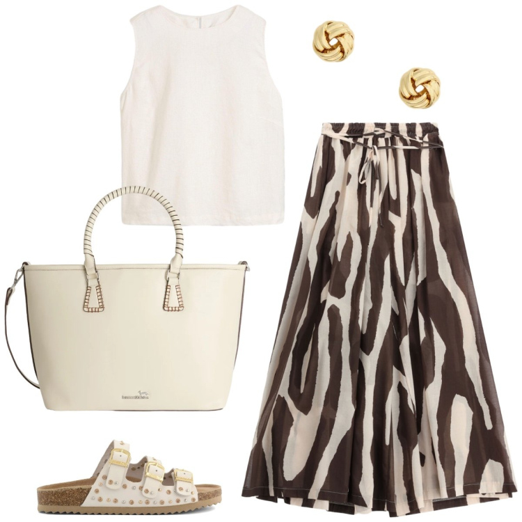 Outfit donna - Total look #2435548. Stile Casual chic per Tutti i giorni. Abbinamento con canottiere, shopping bag, pantaloni a palazzo, orecchini, sandali.