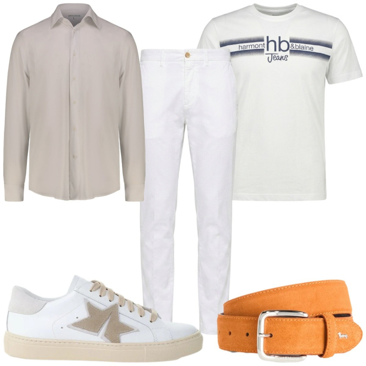 Outfit uomo - Total look #2435552. Stile Trendy per Tutti i giorni. Abbinamento con cinture, t-shirt, pantaloni chino, camicie, sneakers.