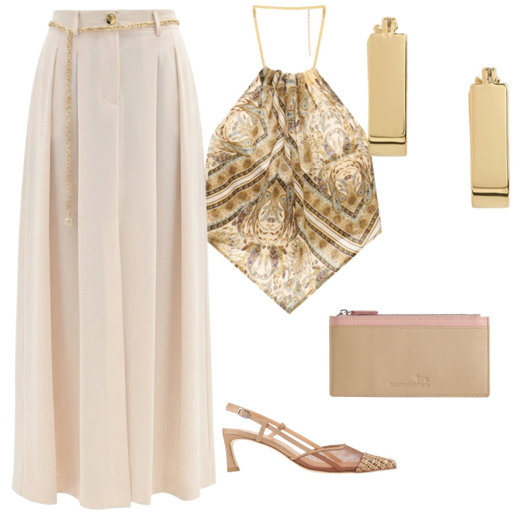 Outfit donna - Aperitivo estivo. per Serata fuori. Abbinamento con décolleté, gonne lunghe, top, portafogli, orecchini.
