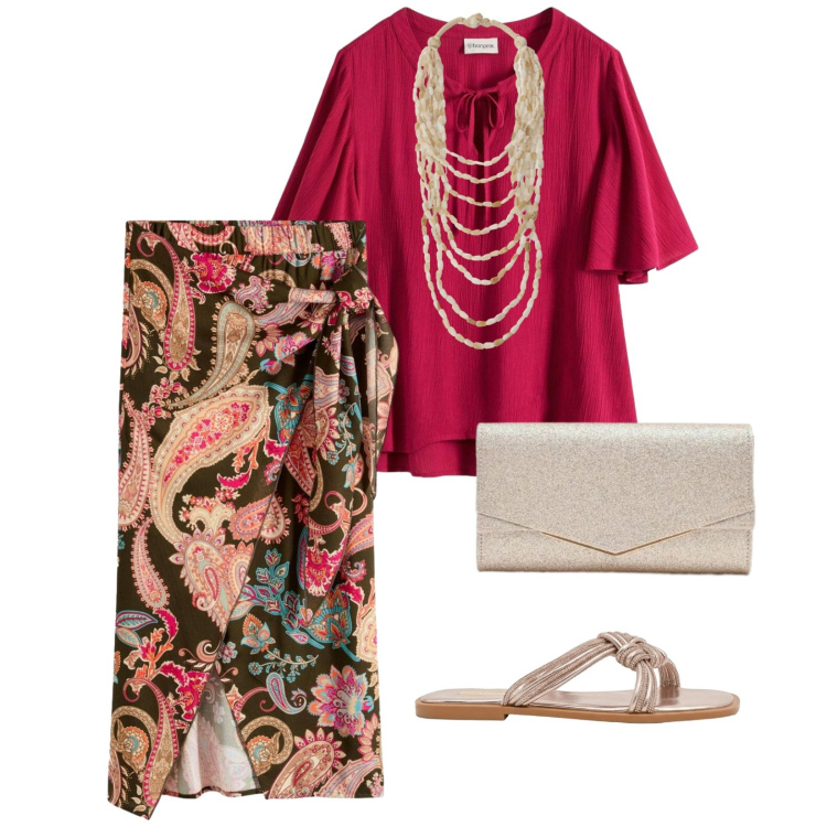 Outfit donna - Aperitivi in spiaggia. per Mare. Abbinamento con gonne longuette, camicie a manica corta, sandali, clutch, collane.