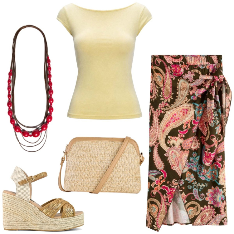 Outfit donna - Total look #2435557. Stile Casual chic per Tutti i giorni. Abbinamento con gonne longuette, borse a tracolla, top, collane, zeppe.