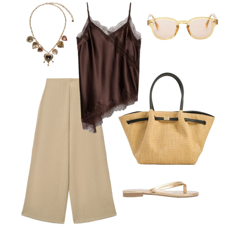 Outfit donna - Aperitivo time. per Mare. Abbinamento con sandali, shopping bag, canottiere, pantaloni a palazzo, occhiali da sole, collane.