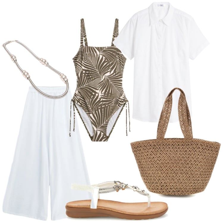 Outfit donna - Total look #2435560. Stile Minimal per Mare. Abbinamento con costumi interi, camicie a manica corta, collane, pantaloni, ciabatte, borse tote.