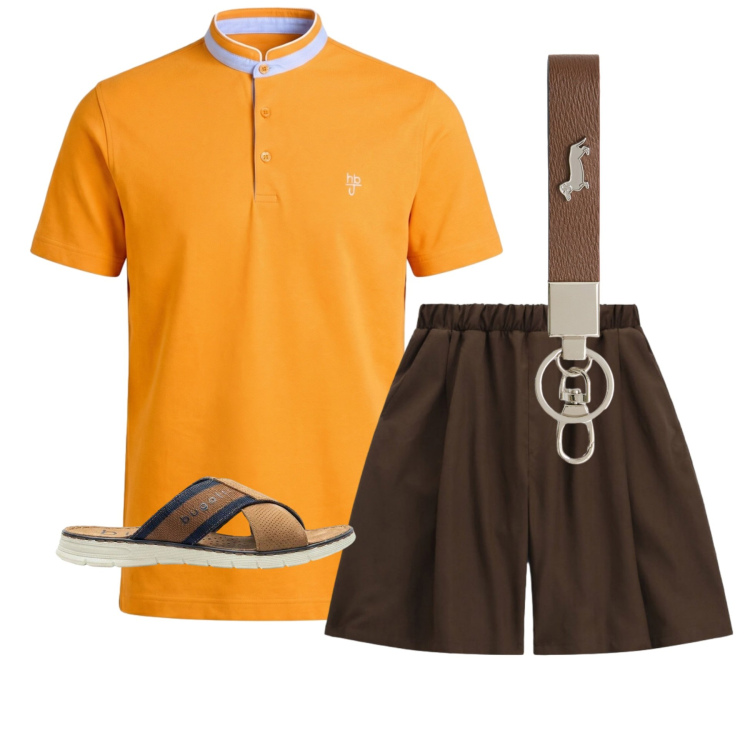 Outfit uomo - Sunset Explorer. Stile Business/Elegante per Mare. Abbinamento con sandali, portachiavi, polo, bermuda.