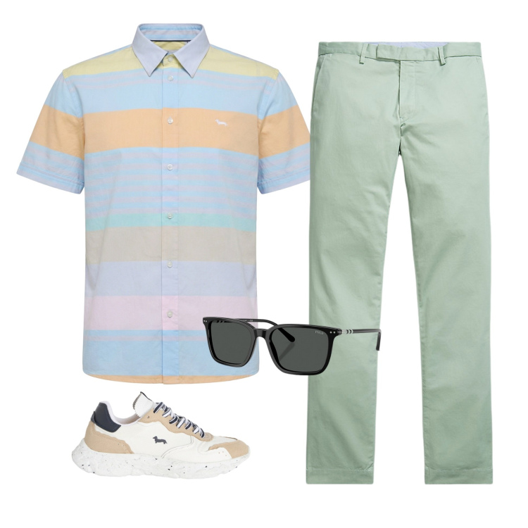 Outfit uomo - Pastel riviera. Stile Business/Elegante per Serata speciale. Abbinamento con camicie a manica corta, sneakers, pantaloni, occhiali da sole.