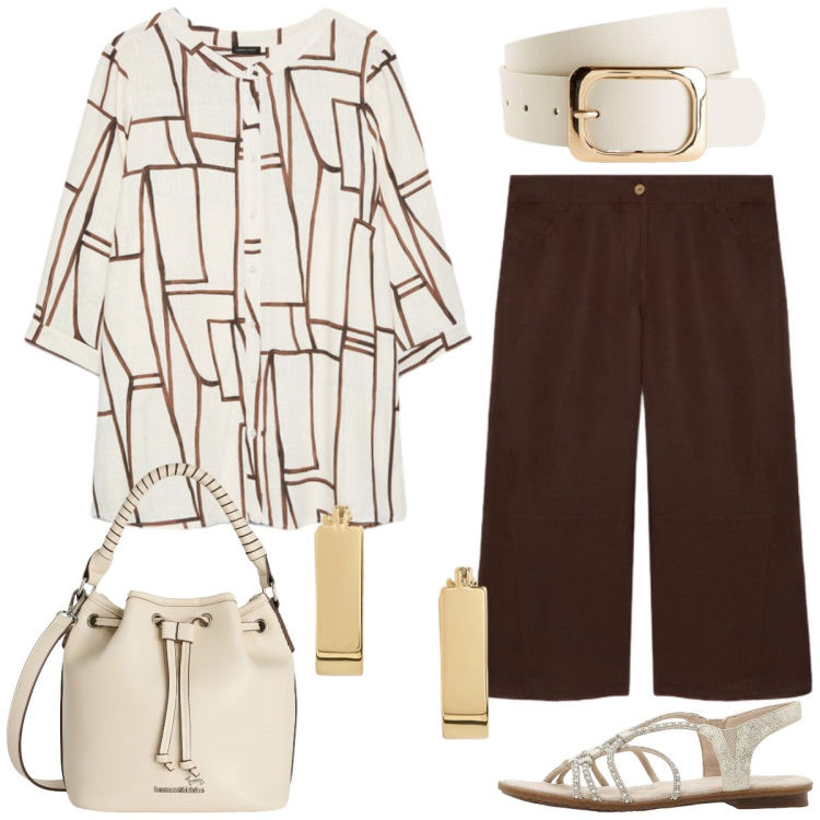 Outfit donna - Total look #2435564. Stile Casual chic per Tutti i giorni. Abbinamento con sandali, cinture, borse a secchiello, bluse, pantaloni, orecchini.