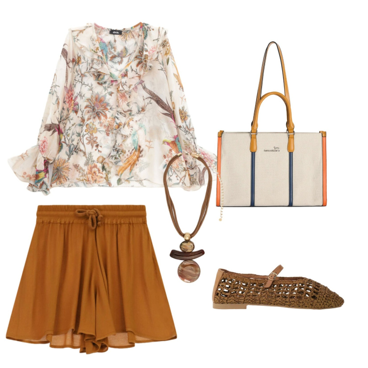 Outfit donna - Caramello e flowers. Stile Boho per Tutti i giorni. Abbinamento con borse tote, ciondoli, ballerine, bluse, minigonne.
