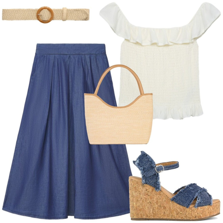Outfit donna - Gonne romantiche in jeans leggero. Stile Chic per Tutti i giorni. Abbinamento con shopping bag, gonne lunghe, top, cinture, zeppe.