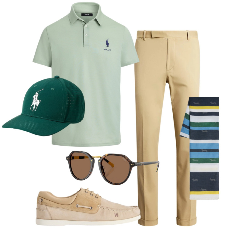 Outfit uomo - Total look #2435570. Stile Trendy per Tutti i giorni. Abbinamento con sciarpe, occhiali da sole, pantaloni chino, cappelli, polo, scarpe stringate.