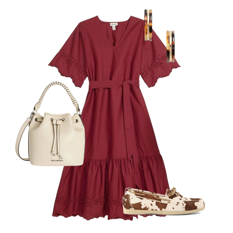 Outfit donna - Borgogna mood. Stile Casual chic per Tutti i giorni. Abbinamento con vestiti midi/longuette, borse a secchiello, orecchini, mocassini.