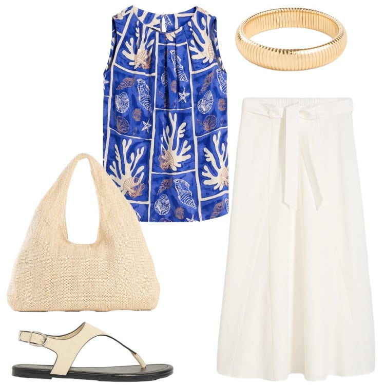 Outfit donna - Total look #2435573. Stile Casual per Tutti i giorni. Abbinamento con gonne longuette, canottiere, shopping bag, braccialetti, infradito.