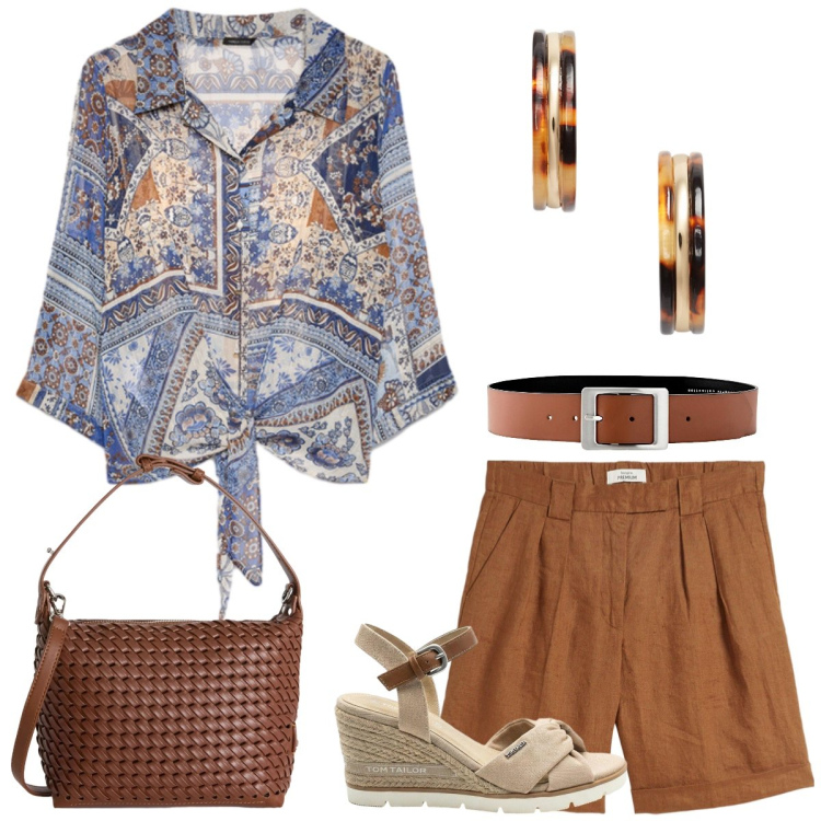 Outfit donna - Total look #2435575. Stile Casual chic per Tutti i giorni. Abbinamento con bermuda, cinture, sandali col tacco, borse a spalla, bluse, orecchini.