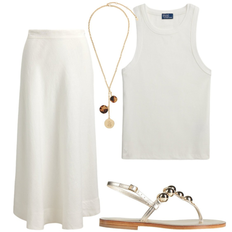Outfit donna - Gonne lunghe e top canotta. Stile Chic per Serata fuori. Abbinamento con infradito, gonne, canottiere, collane.
