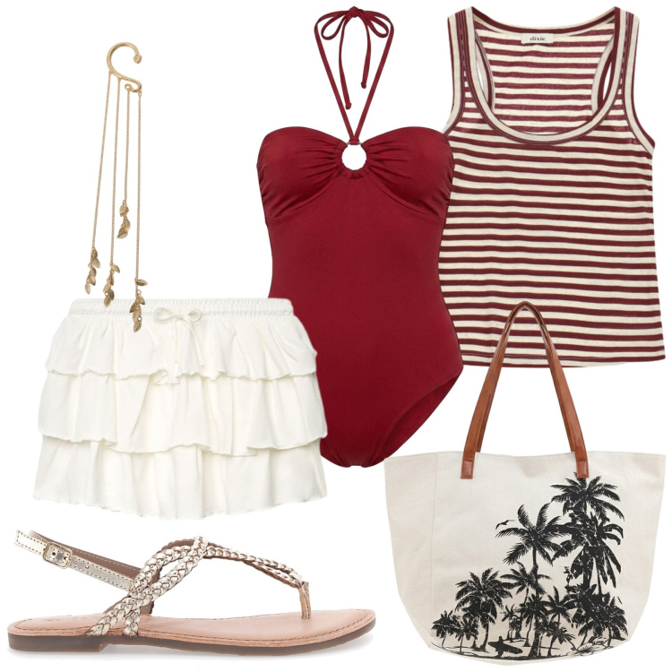 Outfit donna - Total look #2435578. Stile Glamour per Mare. Abbinamento con minigonne, orecchini, top, costumi interi, sandali, shopping bag.