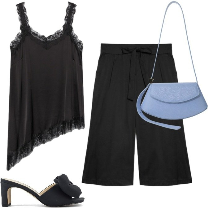 Outfit donna - per i momenti speciali. Stile Trendy per Serata fuori. Abbinamento con pantaloni culotte, top, borse a spalla, sandali col tacco.