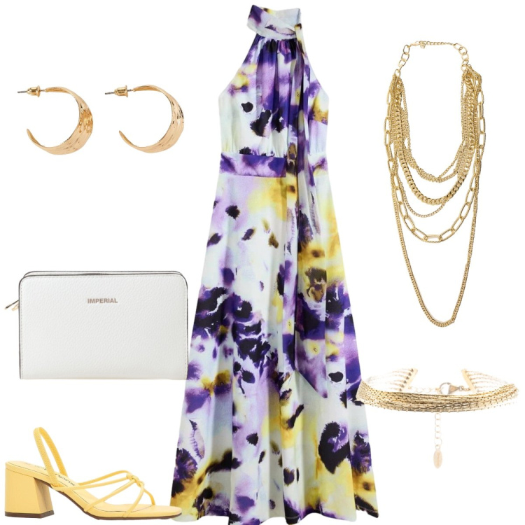 Outfit donna - Total look #2435581. Stile Chic per Serata fuori. Abbinamento con vestiti lunghi, orecchini, sandali col tacco, braccialetti, borse a tracolla, collane.