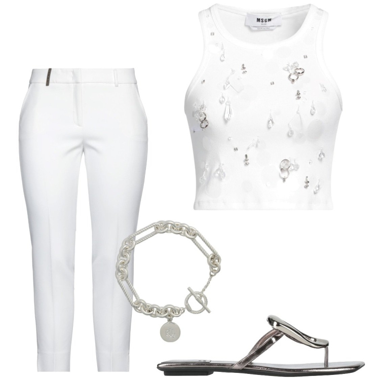 Outfit donna - Bianco , swarosky e argento. Stile Chic per Serata fuori. Abbinamento con ciabatte, top, pantaloni, braccialetti.
