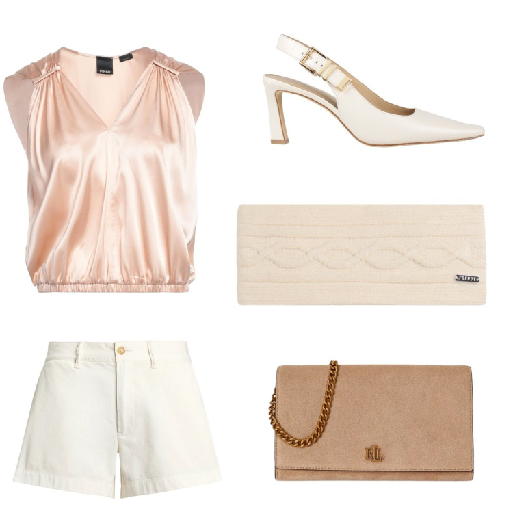 Outfit donna - Passeggiata in spiaggia. Stile Chic per Tutti i giorni. Abbinamento con top, décolleté, accessori per capelli, borse a tracolla, shorts.