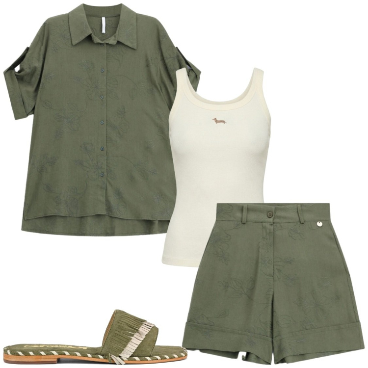 Outfit donna - Completi con camicia. Stile Chic per Tutti i giorni. Abbinamento con canottiere, shorts, camicie a manica corta, ciabatte.
