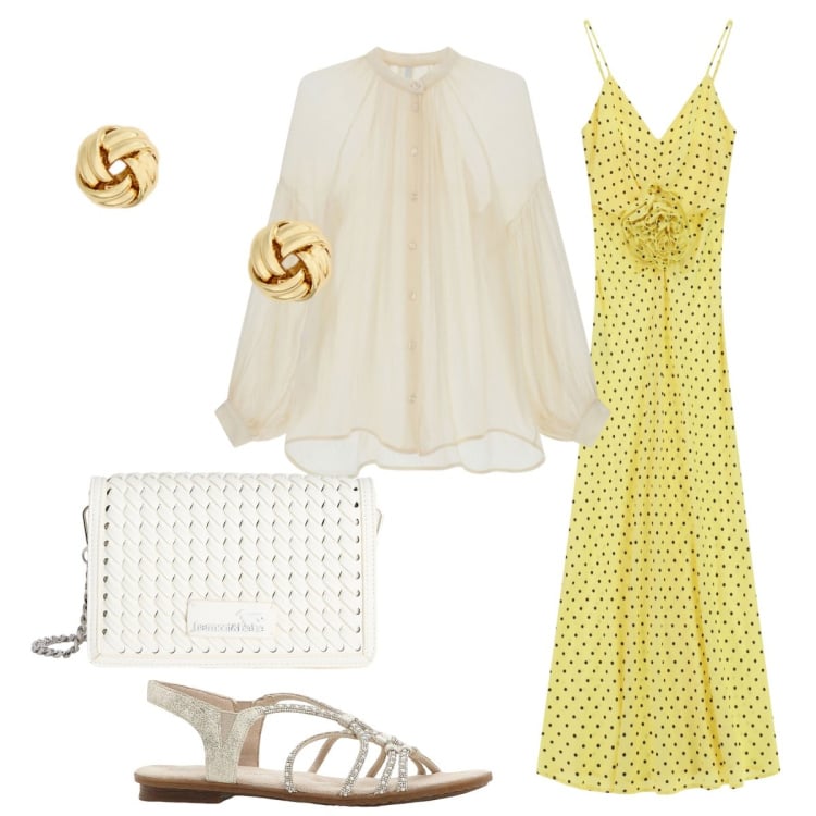 Outfit donna - Romantica con l’abito giallo. Stile Romantica per Serata fuori. Abbinamento con sandali, borse a tracolla, orecchini, vestiti lunghi, camicie.